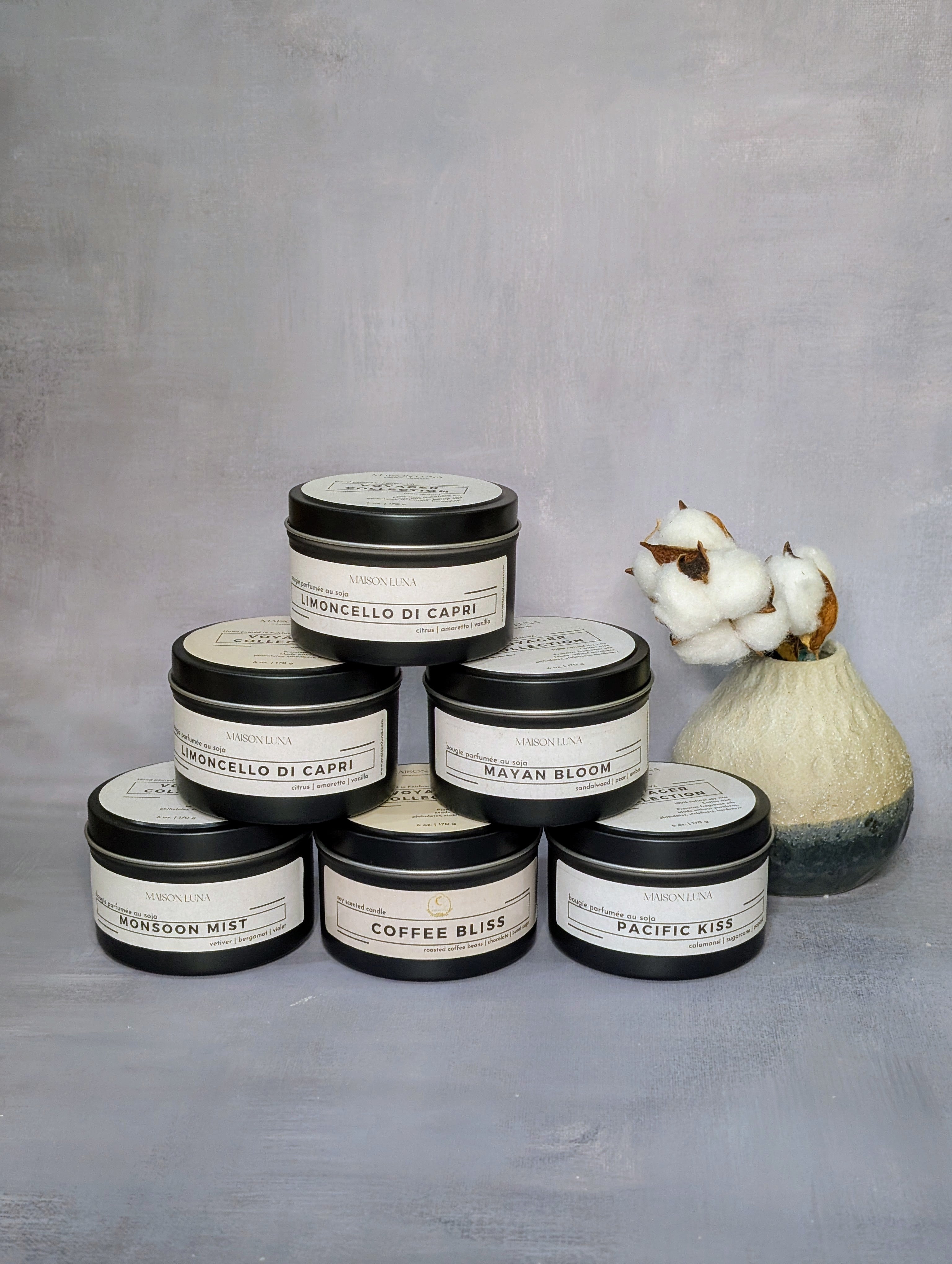 black tin candles, front view