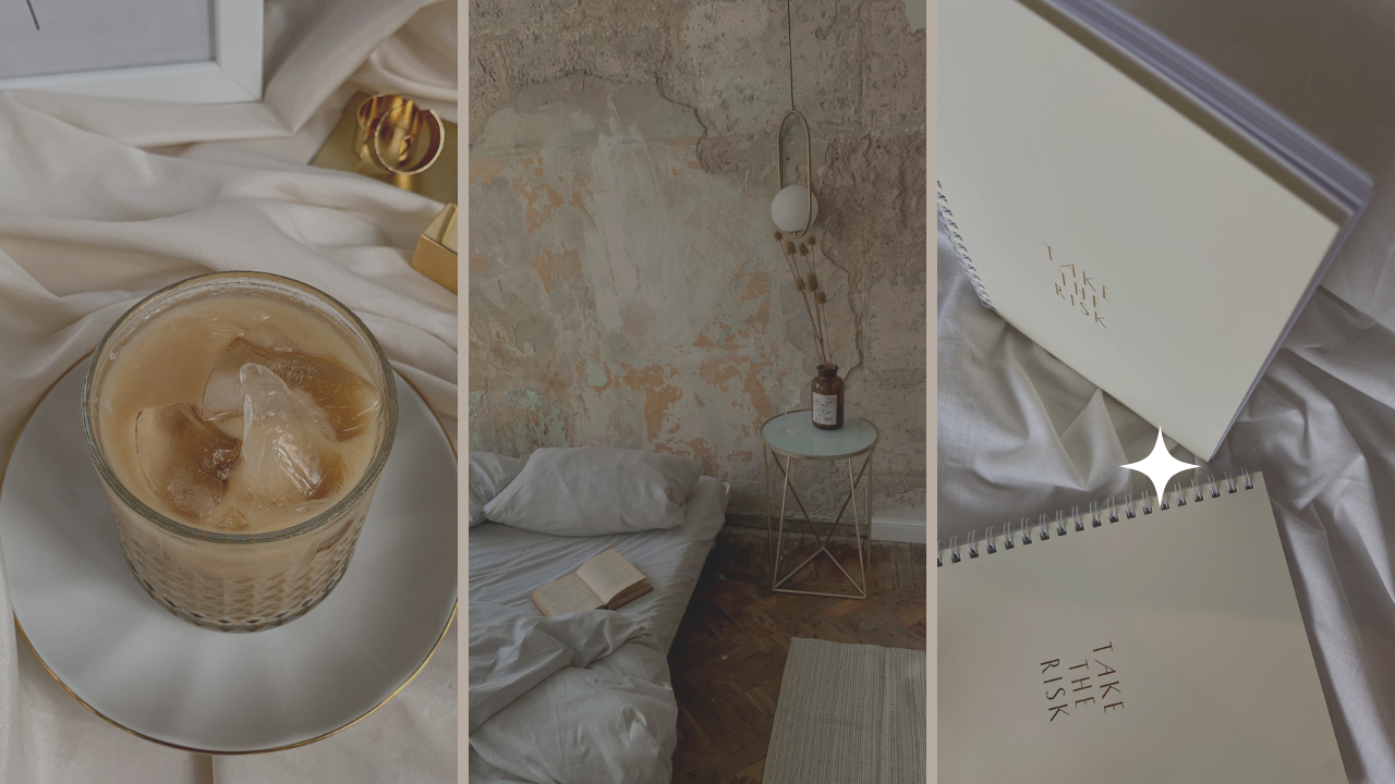 coffee and notebook on the bed
