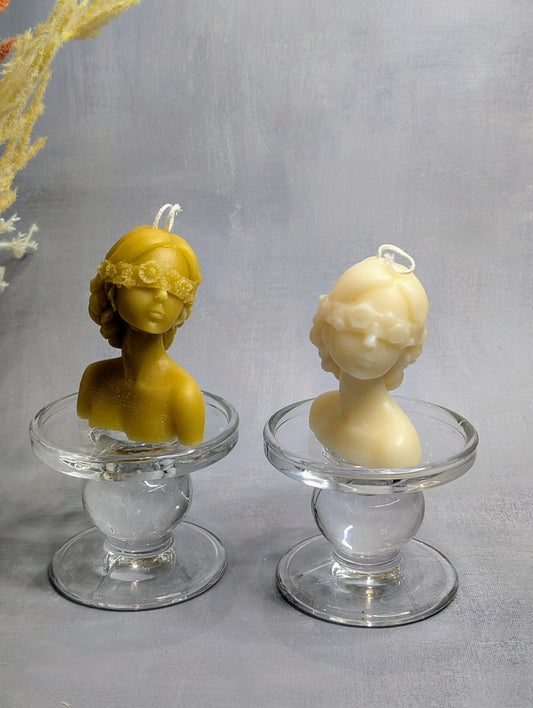 two blindfolded lady candles, front