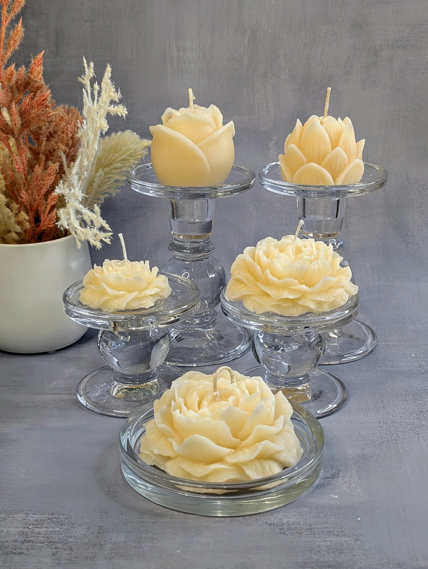 rose, peony, and lotus candles, front